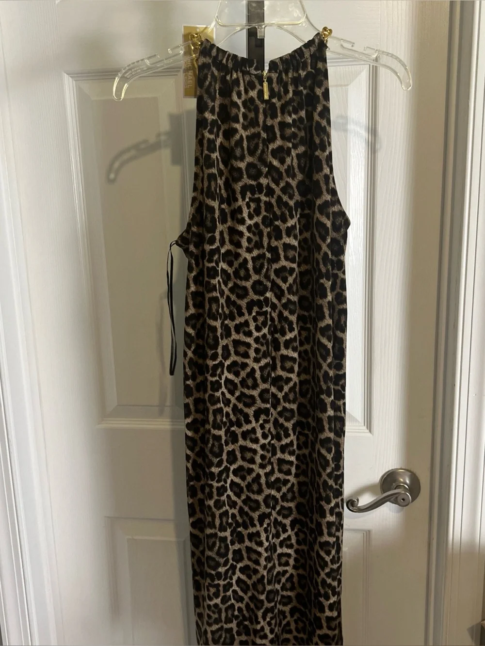 Michael Kors NWT! Gold Chain Halter Dark Camel  Print Dress XS MSRP $110